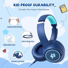 Casque Enfant Filaire 3.5mm Volume Limité avec Micro Bleu Marine