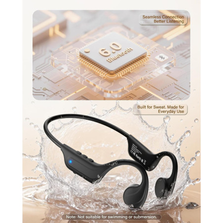 Bone Conduction Bluetooth 6.0 Headphones, Open Ear, Mic, 3 EQ Modes, 10H Playtime, IP65 Waterproof (Black)