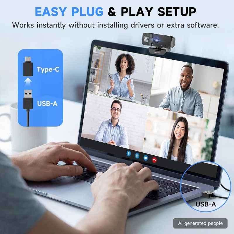Webcam PHILIPS 4K avec Microphone pour Réunions PC