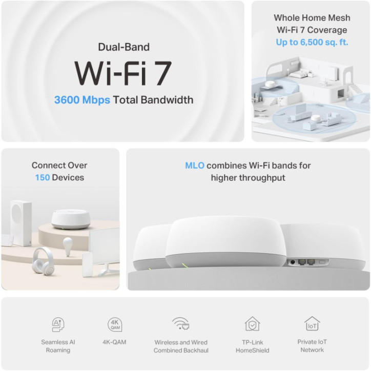 TP-Link Deco 7 BE23 WiFi 7 Mesh 4-Stream 3.6 Gbps, 6500 Sq.Ft, 2×2.5G Ports, VPN, AI-Roaming, 3-Pack TP-Link Deco 7 BE23 WiFi 7 Mesh 4-Stream 3.6 Gbps, 6500 Sq.Ft, 2×2.5G Ports, VPN, AI-Roaming, 3-Pack