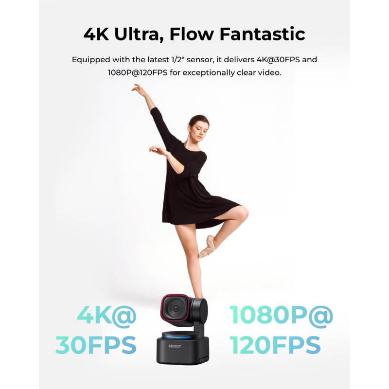 OBSBOT Tiny 3 Lite 4K Webcam with AI Spatial Audio & Compact Tracking