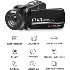 VETEK 1080P 30MP Vlogging Camera with IR Night Vision Camcorder