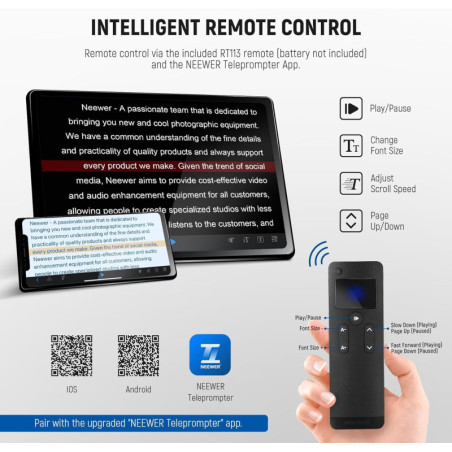 NEEWER Basics X12B 12 Aluminum Teleprompter for iPad/Tablet/DSLR, Bluetooth Remote, App Control, Black