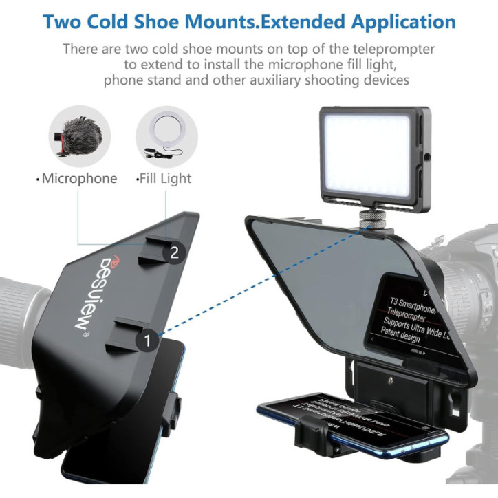 Desview T3 Portable Teleprompter for Cameras & Tablets up to 10, 70/30 Beam Splitter, 9 Adapter Rings Desview T3 Portable Teleprompter for Cameras & Tablets up to 10, 70/30 Beam Splitter, 9 Adapter Rings