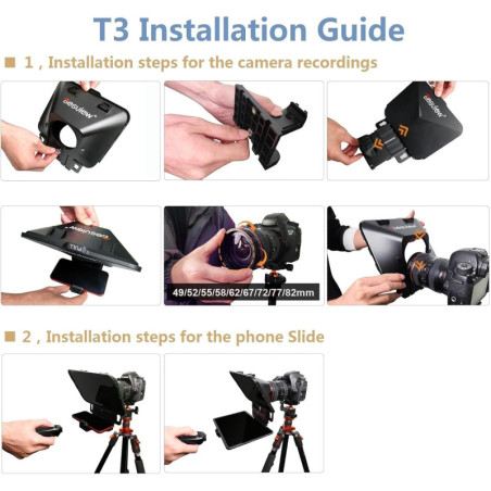 Desview T3 Téléprompteur Portable pour Appareils jusqu'à 10, Verre 70/30, 9 Adaptateurs DSLR - Streaming & YouTube
