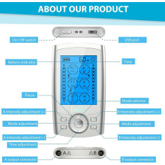 Belifu Appareil TENS EMS 2 Canaux 24 Modes Soulagement Douleur Massage Muscle 10 Électrodes Housse