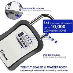 Waterproof 4-Digit Combo Key Lock Box with Removable Shackle, Wall Mount, Resettable Password - Grey