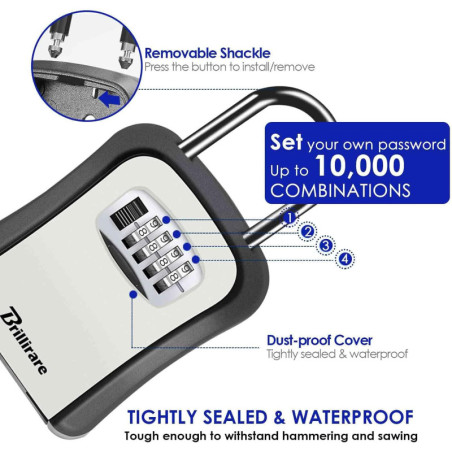 Waterproof 4-Digit Combo Key Lock Box with Removable Shackle, Wall Mount, Resettable Password - Grey