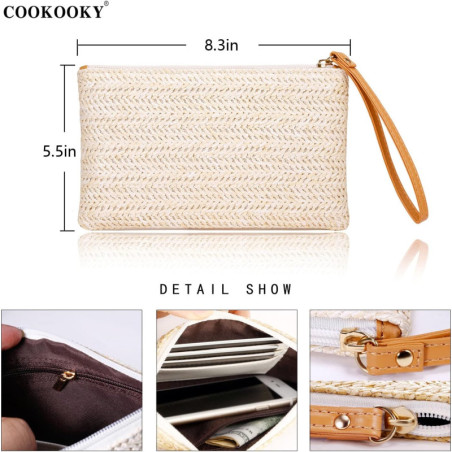 COOKOOKY Women's Bohemian Straw Clutch Bag – Summer Beach Wristlet Wallet with Zipper