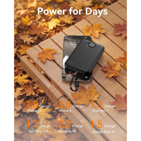 Chargeur Portable 10000mAh 4 Câbles Intégrés, 40% Plus Compact