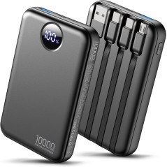 Chargeur Portable 10000mAh 4 Câbles Intégrés, 40% Plus Compact