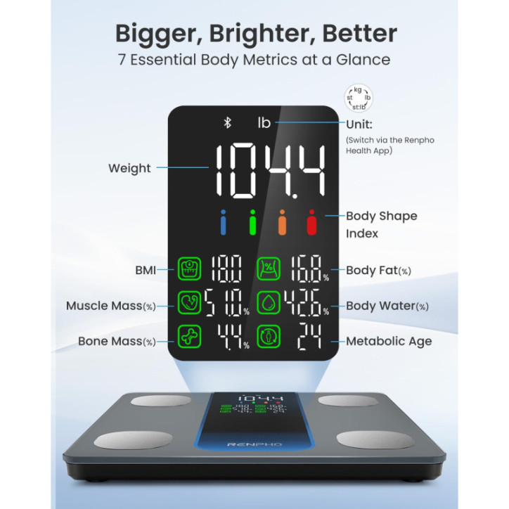 RENPHO Balance Intelligente 7-en-1 pour Poids, Graisse Corporelle, IMC, Jusqu'à 500 lbs RENPHO Balance Intelligente 7-en-1 pour Poids, Graisse Corporelle, IMC, Jusqu'à 500 lbs