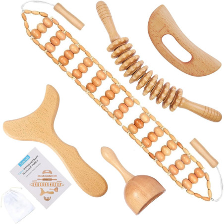 Xokocli Kit Maderothérapie 5-en-1 - Massage Drainage Lymphatique, Anti-Cellulite & Sculpture Corps