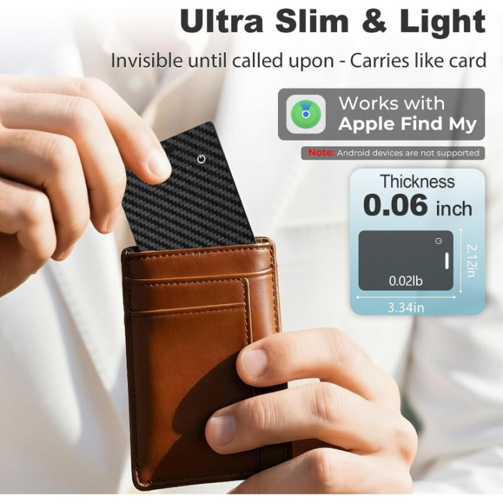 Apple MFi Certified Rechargeable Wallet Tracker Card with Apple Find My, Bluetooth, IP68 Waterproof – Black