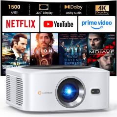 HAPPRUN Projecteur Extérieur 4K Intelligent, Apps Intégrées, Audio Dolby 30W