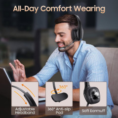 Trucker Wireless Bluetooth Headset with Dual Noise Cancelling Mics, Mute Button & 55Hrs Battery for PC & Phone