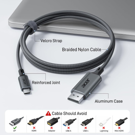 Acer USB-C to DisplayPort Cable 6.6FT 4K@60Hz 2K@165Hz for Laptop