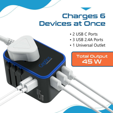 Ceptics Adaptateur Voyage Universel 45W avec 3 USB-A, 2 USB-C et Entrée Universelle