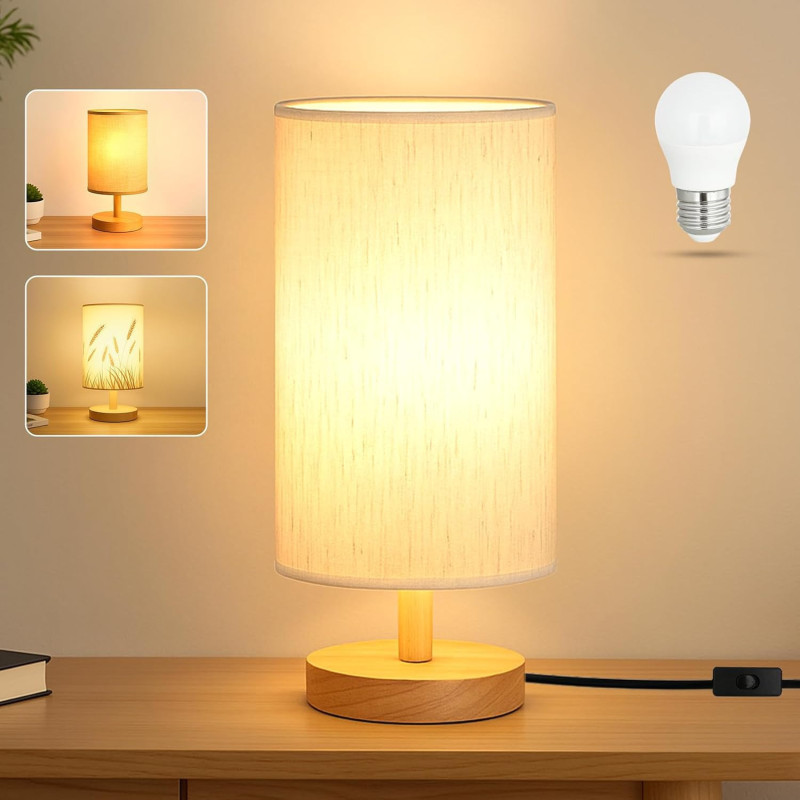 Lampe de Bureau LED avec Abat-jour Tissu - Bois Classique