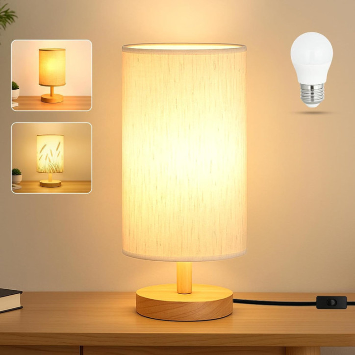 Lampe de Bureau Classique Bois avec Abat-jour en Lin, Ampoule LED Incluse, pour Chevet ou Bureau Lampe de Bureau Classique Bois avec Abat-jour en Lin, Ampoule LED Incluse, pour Chevet ou Bureau
