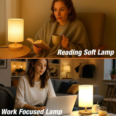 Lampe de Bureau LED avec Abat-jour Tissu - Bois Classique