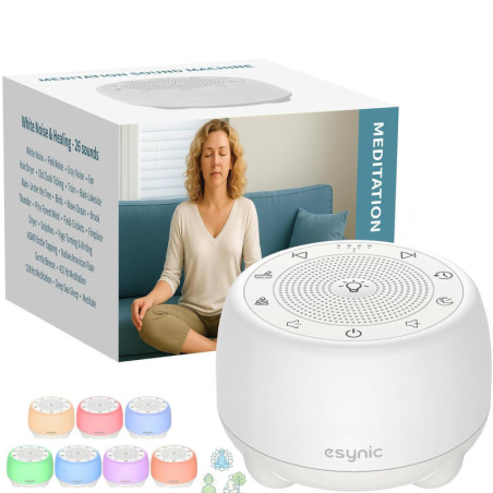 eSynic Portable Tibetan Singing Bowl White Noise Machine - 38 Sounds, 7 Lights, 30h Playback, Timer, 3D Audio