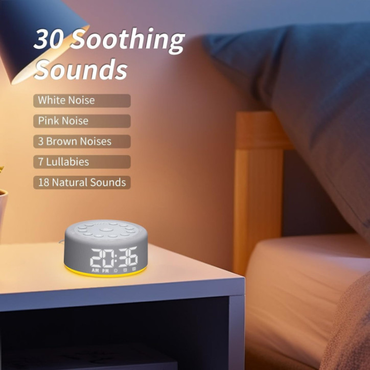 Plug-in White & Brown Noise Machine Alarm Clock with Rechargeable Battery, Night Light, 30 Sounds, Dual Alarms, Timers