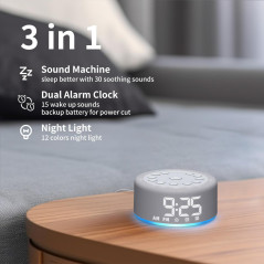 Plug-in White & Brown Noise Machine Alarm Clock with Rechargeable Battery, Night Light, 30 Sounds, Dual Alarms, Timers