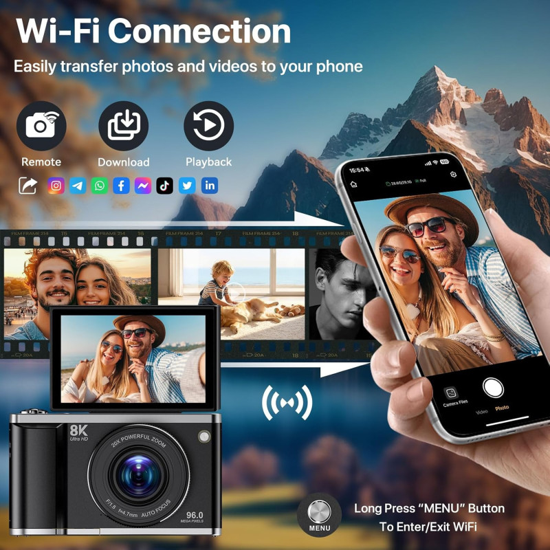 8K WiFi Vlogging Camera 96MP 20X Zoom 3.5 Flip Screen for Beginners