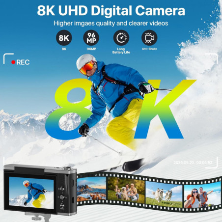 8K 96MP WiFi Vlogging Camera with 3.5 Flip Screen, 20X Zoom, Autofocus, Anti-Shake & SD Card Included