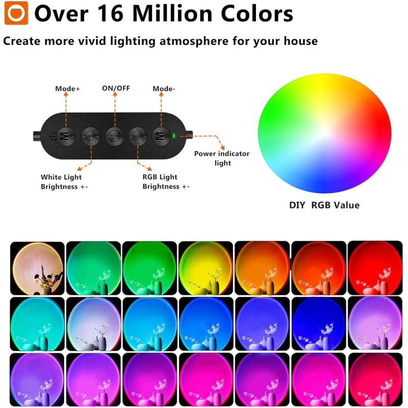 Multicolor LED Sunset Lamp Projector with USB, 180° Rotation for Decor