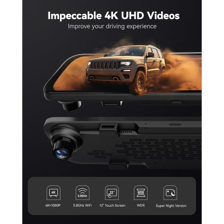 WOLFBOX G840S 12 4K Mirror Dash Cam with Backup Camera, GPS & 32GB Card Included