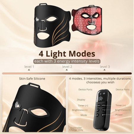 Masque de Thérapie par Lumière Rouge Visage & Cou, 640 LED, 4 Modes