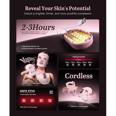 Red Light Therapy Mask for Face & Neck with 850nm NIR & 660nm Red LED, 4 Modes