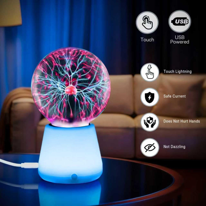 3-Inch USB-C Plasma Ball Lamp, Touch Reactive Lightning Globe with 7-Color LED Base & STEM Toy 3-Inch USB-C Plasma Ball Lamp, Touch Reactive Lightning Globe with 7-Color LED Base & STEM Toy