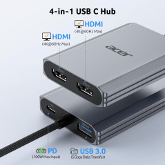 Acer 4-in-1 USB C Hub with Dual HDMI 4K@60Hz Adapter, Type C Adapter