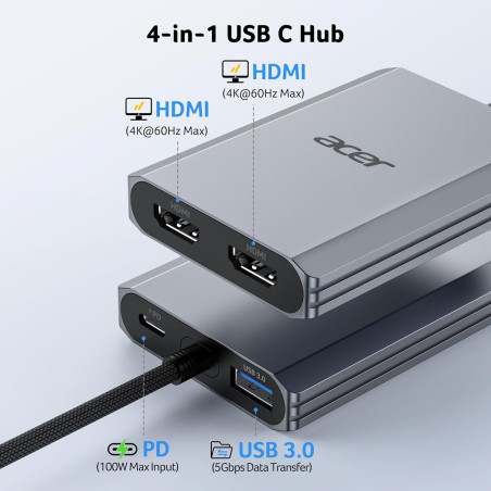 Acer 4-in-1 USB C Hub with Dual HDMI 4K@60Hz Adapter, Type C Adapter