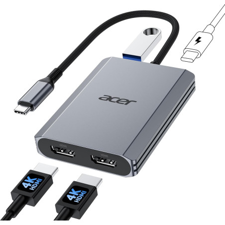 Acer Hub USB C 4-en-1, Adaptateur Type C Dual HDMI 4K@60Hz