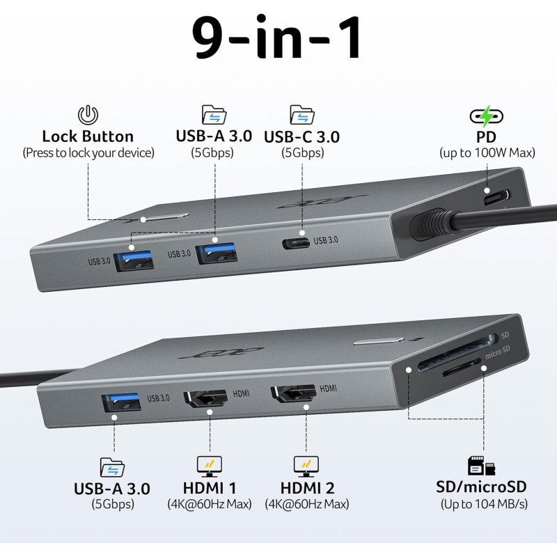 Acer 9-in-1 USB-C Docking Station with Dual HDMI for Dual Monitors