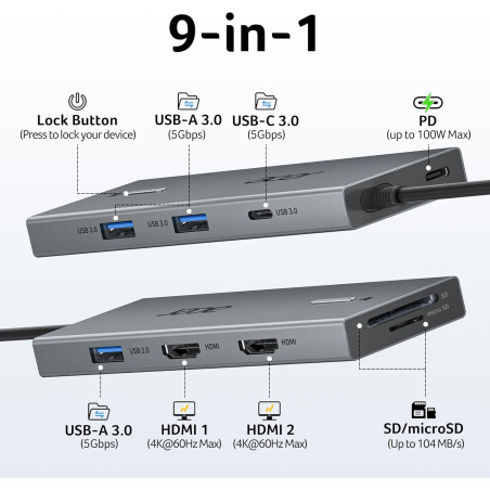 Acer 9-in-1 USB-C Docking Station with Dual HDMI for Dual Monitors
