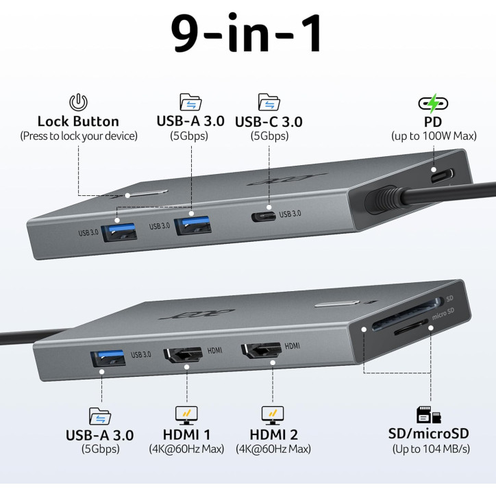 Acer 9-in-1 USB-C Docking Station with Dual HDMI for Dual Monitor Laptop Setup