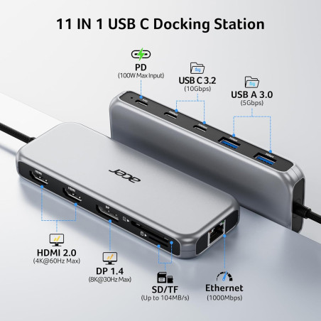 Station d'Accueil Acer 11-en-1 USB-C 3 Écrans Moniteurs