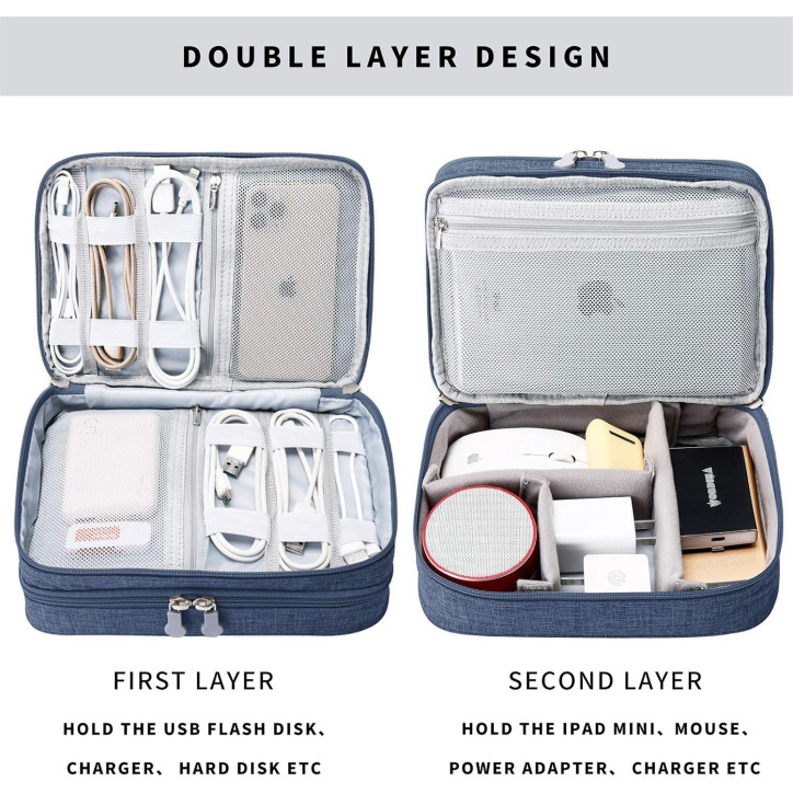 Sac Organiseur de Câbles Lanola Voyage Double Couches pour Accessoires Électroniques - Bleu Foncé Sac Organiseur de Câbles Lanola Voyage Double Couches pour Accessoires Électroniques - Bleu Foncé
