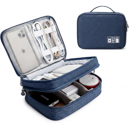 Sac Organiseur de Câbles Lanola Voyage Double Couches pour Accessoires Électroniques - Bleu Foncé