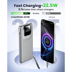 Portable 22.5W Fast Charging 10000mAh Power Bank with Built-in Cables