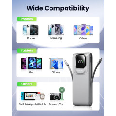 Portable 22.5W Fast Charging 10000mAh Power Bank with Built-in Cables & LED Display for iPhone & Android
