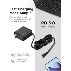 Lenovo USB-C 65W Wall Charger PD 3.0 - Slim, Portable Power Adapter with 5.9ft Cable for Laptops & Devices