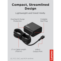 Lenovo USB-C 65W PD 3.0 Wall Charger - Slim, Portable Power Adapter