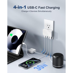 Chargeur mural USB-C 4 ports PD20W, ultra fin, charge rapide, blanc, pour maison et voyage