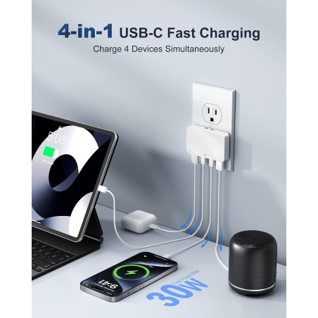USB C Wall Charger 4-Port, Super Thin Flat PD20W Fast Charging Plug Adapter for Home & Travel (White)